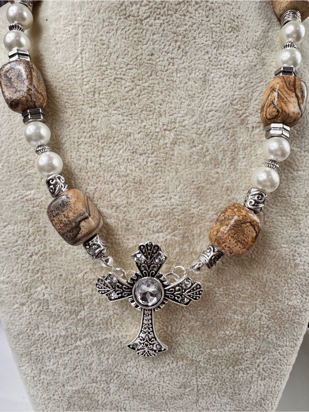 Handcrafted Brown Stone & Pearl Cross Pendant Necklace